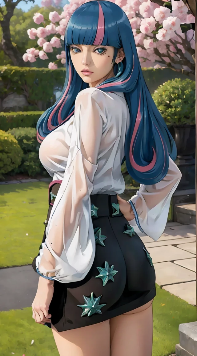 eida, long hair, bangs, blue eyes, very long hair, blue hair, pink hair, multicolored hair, earrings, blunt bangs, two-tone hair, streaked hair, beautiful, beautiful woman, perfect body, perfect breasts, wearing a kimono, showing shoulders, wearing earrings, wearing a watch, being in the garden, cherry trees, traditional Japanese house, looking at the viewer, a slight smile, realism, masterpiece, textured leather, super detailed, high detail, high quality, best quality, 1080p, 16k, showing shoulder, (((perfectly erected medium breast))), standing in seductive pose and showing her ass, from behind