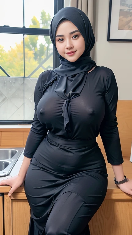 RAW, Best quality, high resolution, Masterpiece: 1.3), Beautiful Malay woman in hijab, Masterpiece, Perfect slim body, ((Big breasts)), Beautiful big eyes, water eyes, Soft smile, (wearing baju kurung), smiling, windy, skin details, skin texture details, wide hips, thick thighs, sexy body, morning time, laughing, happy, bright sunlight, kitchen path, blurred background, bokeh,