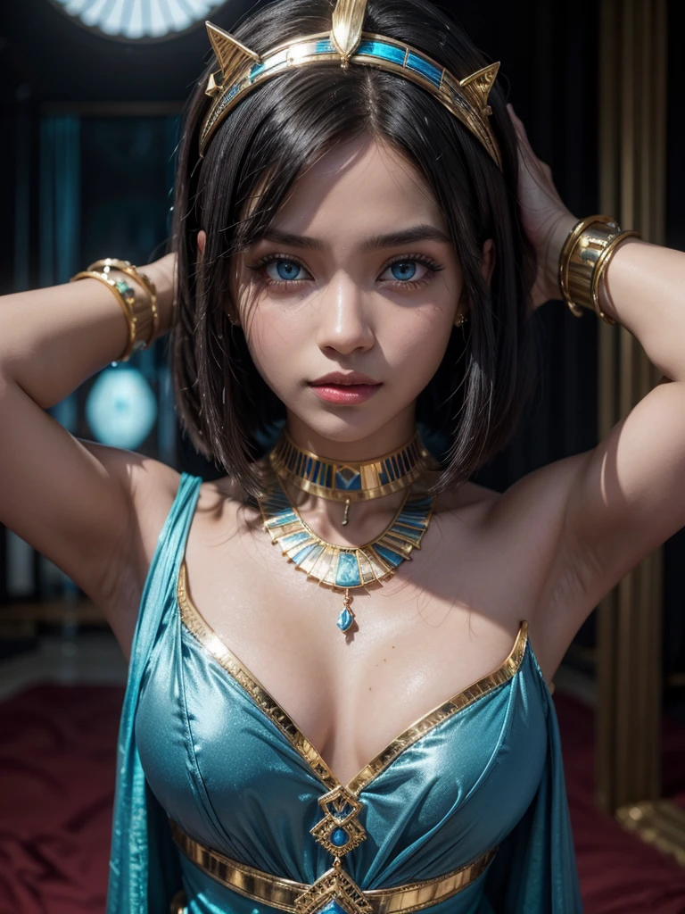 A woman with dark skin, bright blue eyes, and short, straight hair that goes down to the neck, wears an Egyptian princess outfit with blue jewelry