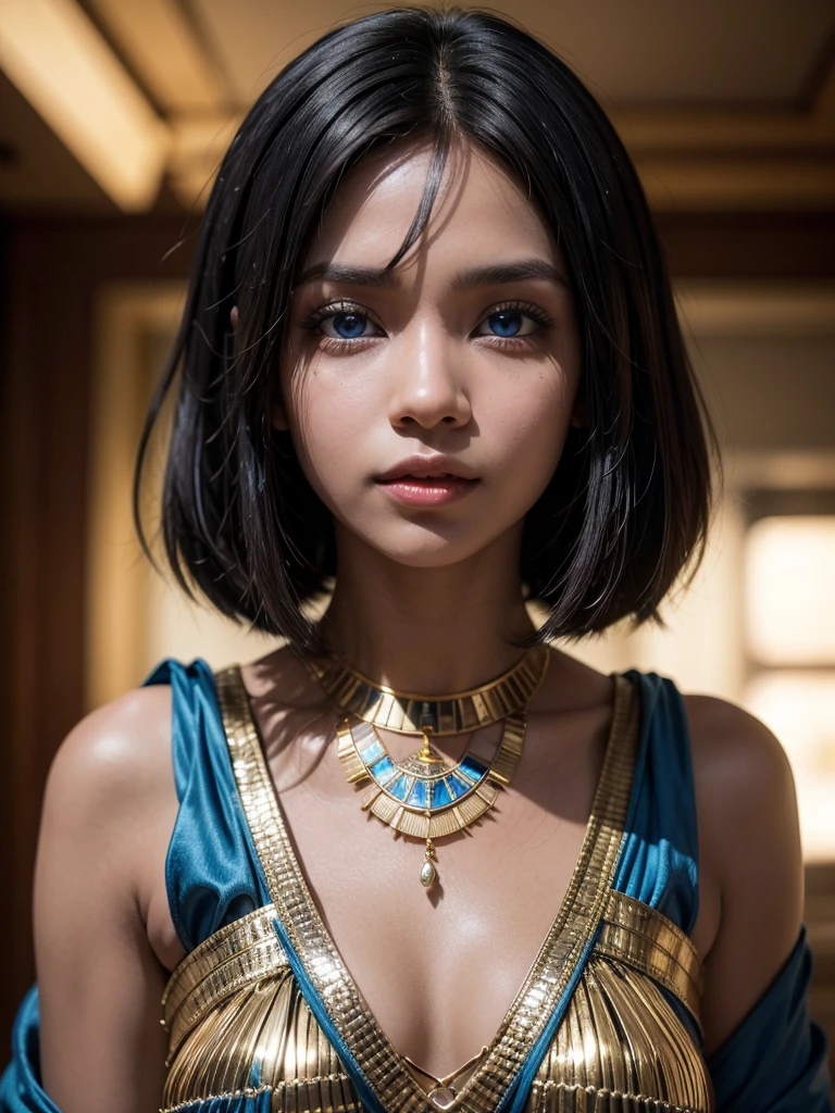 A woman with dark skin, bright blue eyes, and short, straight hair that goes down to the neck, wears an Egyptian princess outfit with blue jewelry