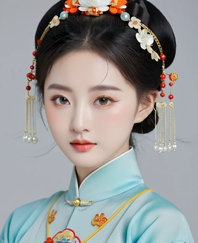 Chinese classical girl portrait，symmetry，Round Face，Bright Eyes，Smooth skin，Chinese Song Dynasty official uniform,egotistical,Official hat，Holding a round fan，Clean background