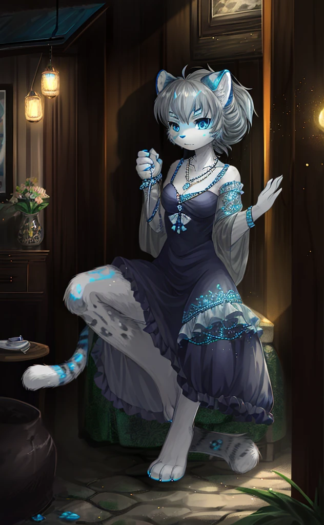 Furry kitten white blue eyes tabby with gray spots feline lady with a necklace that says Mine Roswell