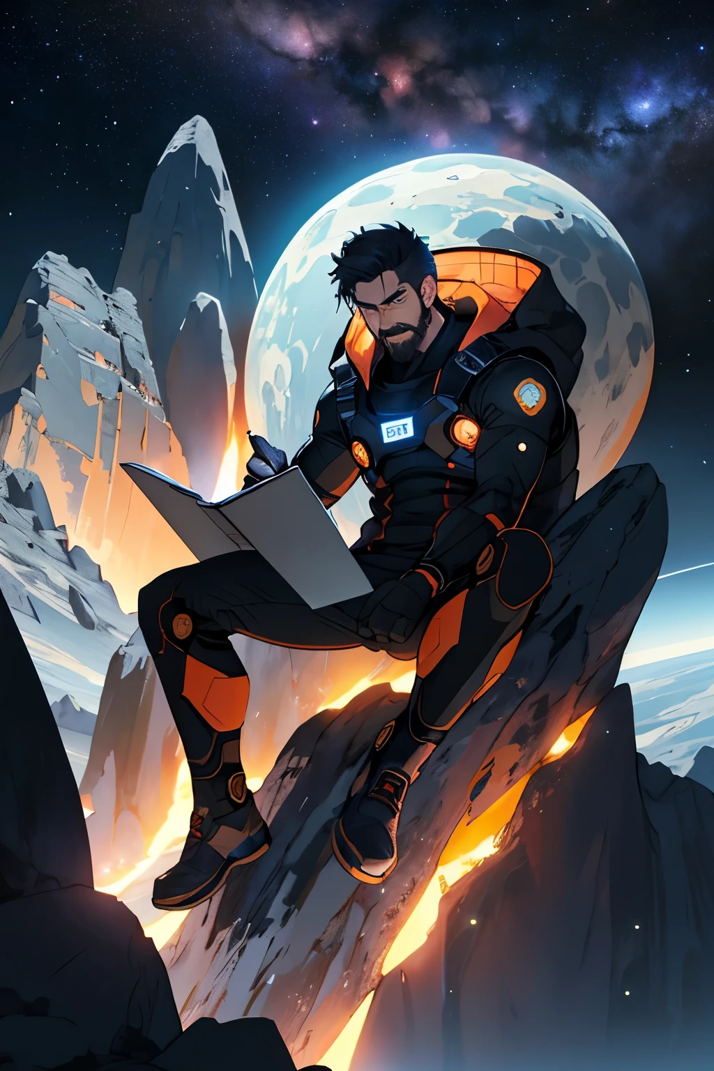 Draw a young programmer, sitting on a research platform floating in the middle of an asteroid belt. He is studying with a notebook, surrounded by several asteroids glowing with fiery auras. Dramatic lighting from distant stars and planets illuminates the scene, casting deep shadows on the suit. The young man looks confident and determined, looking at the vast and mysterious universe with wonder and respect,facial hair, cowboy shot,