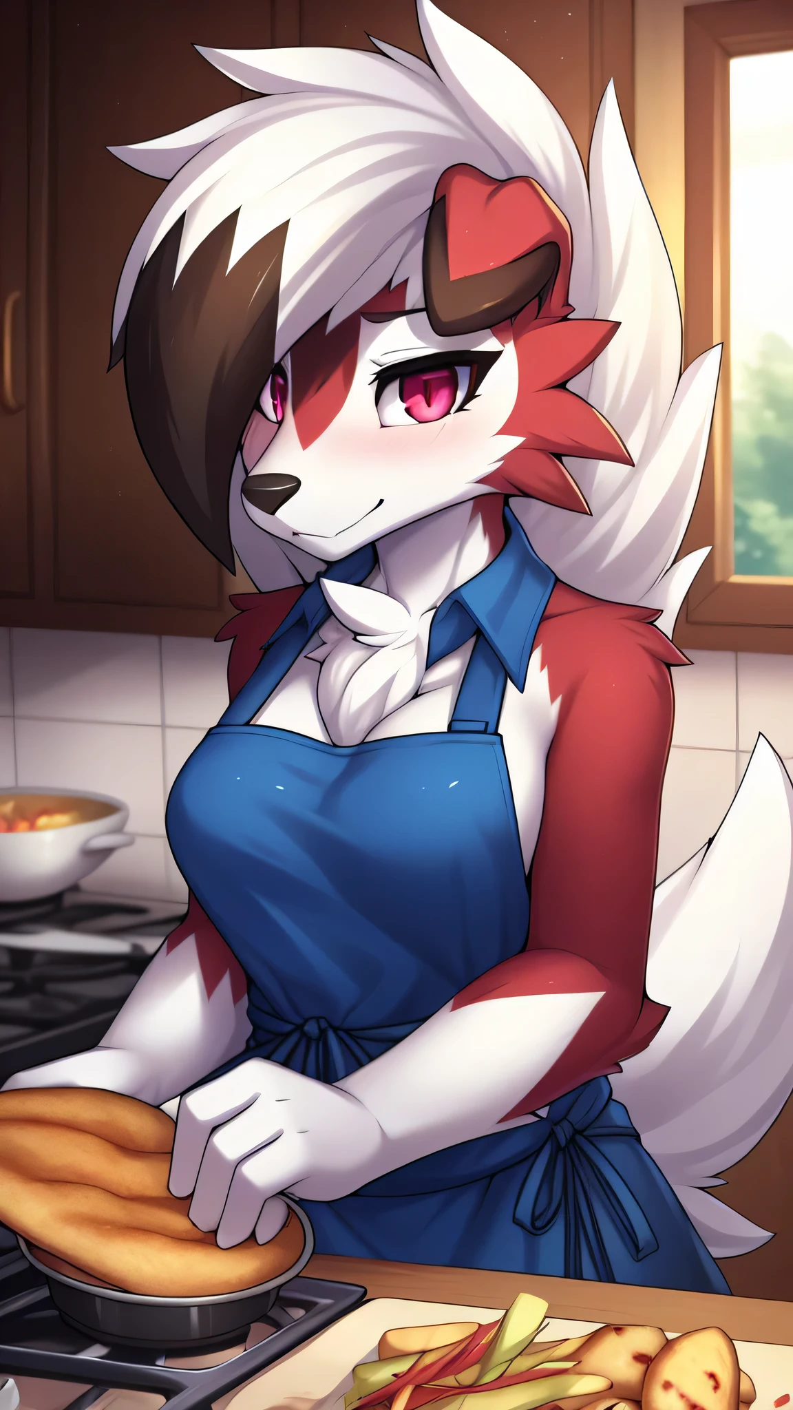 By zinfyu,by twistedscarlet60, uploaded on pixiv, by fluff-kevlar, (masterpiece), (best quality), (solo female:1.2), (extremely detailed:1.3),(detailed eye,black circle on eye,pink eye), lycanroc midnight, view on viewer, close view, shy face, half body on potrait, only body and head, close view, wearing cooking apron,in kitchen, serving food, (tail:1.1), closeup photo of lycanroc, adult body posture