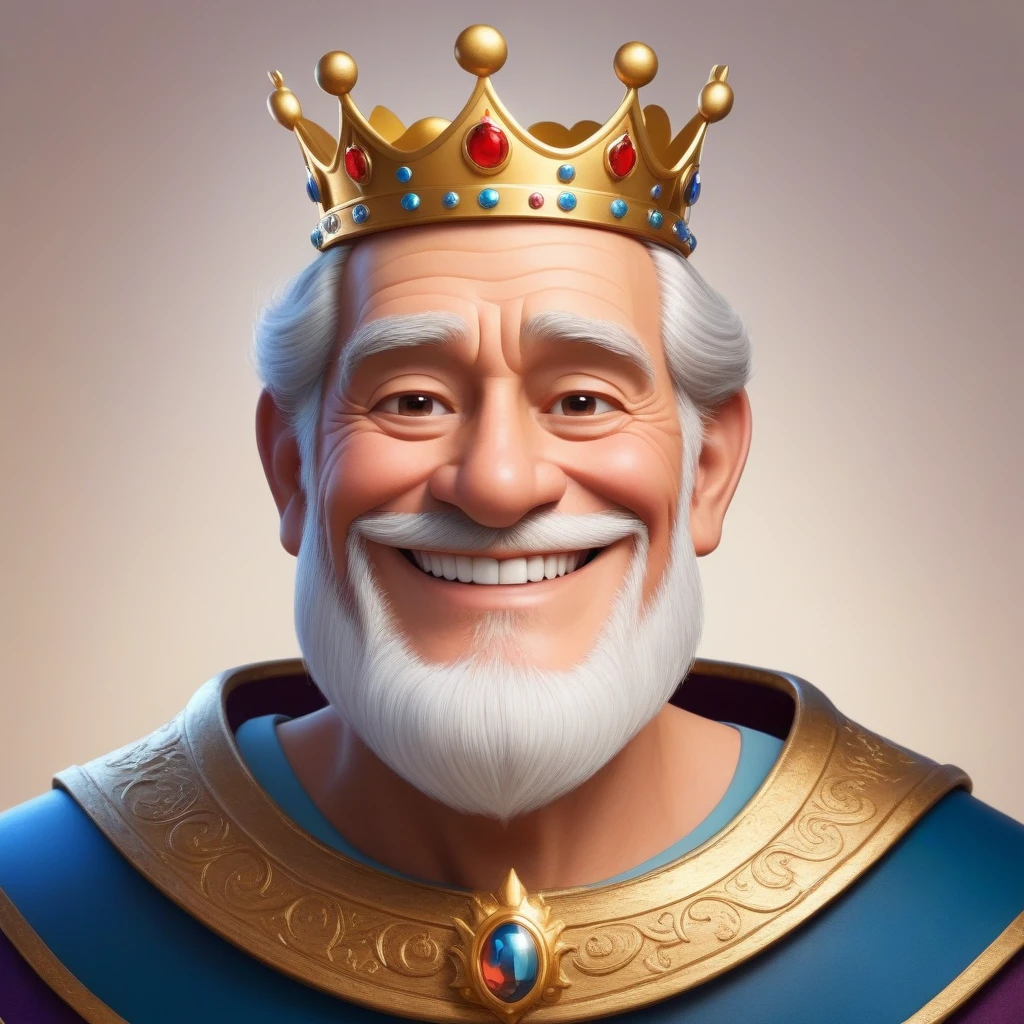 The character is somewhat inspired by Disney Pixar, he wears a crown, smiles, look at me, old man, the character in profile and full face, two images of the same king, full-face and profile image