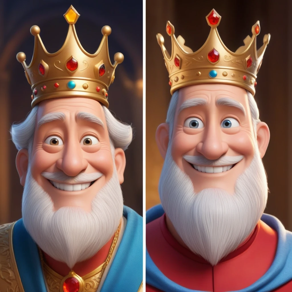 The character is somewhat inspired by Disney Pixar, he wears a crown, smiles, look at me, old man, the character in profile and full face, two images of the same king, full-face and profile image