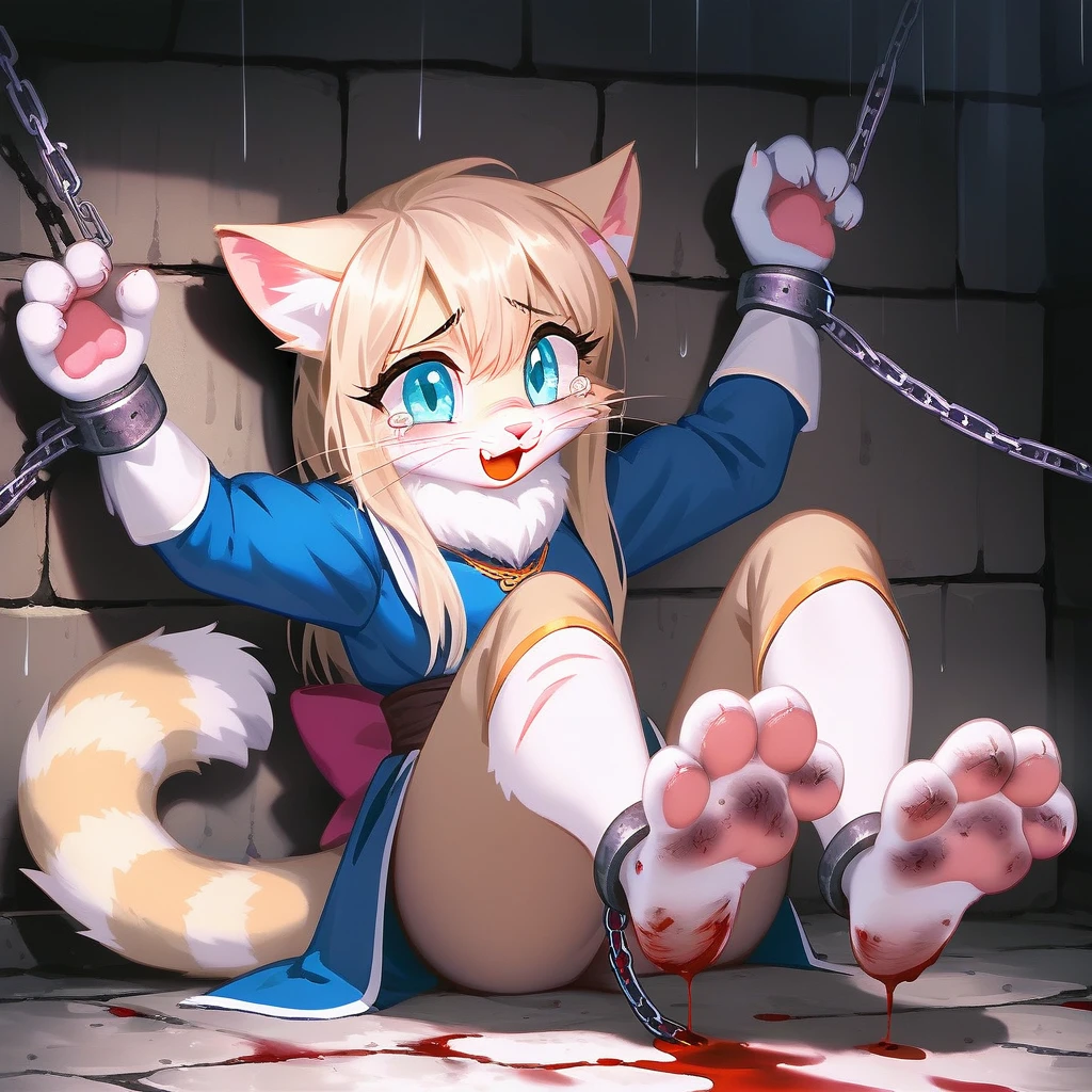 (hi res), ((masterpiece)) , ((best quality)),Solo, score_9,score_8_up,score_7_up, source_furry, Kat, Anthro furry feline girl, tall body, hourglass figure, adult female, blue eyes, silver fur, blonde hair with pony tail, (striped tail), white whiskers, pink nose, wearing simple blue long sleeve tunic, light brown fitted pants, barefoot, (feet paws), (4 toes), pink paw pads, foot focus, Her face was covered with tears,Have tears in her eyes，looking at viewers, looking uncomfortable, eyes half closed, outdoors, rainy day, spread feet apart, cute dainty feet，(The two feet paws are connected with chains between them),(there are many chains),The chains fastened her hands and feet paws ，(feet chains focus)，She's chained to a wall., she is chained on neck and feet,(very dirty feet)，((bloody scars are only on her feet)),((no blood on her face )),(Fetters were placed on her feet)，(Fetters and feet focused)，(show the fetters),Hands chained to the wall,feet chained to the wall,She looks happy,She waved hands at viewers,There are chains on the tail