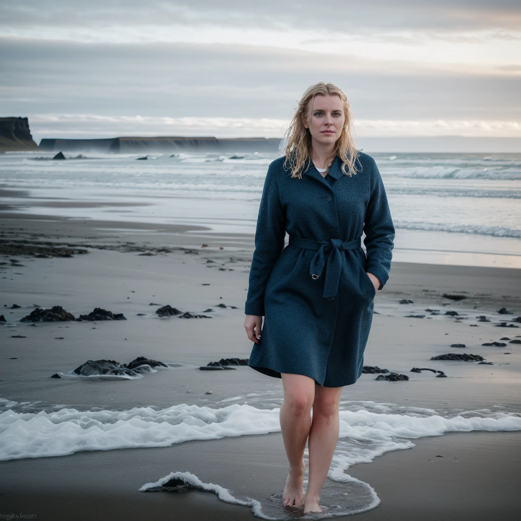 A beautiful cinematic picture of a typical icelandic 25 year old woman walking on the beach, high quality, 1 woman solo, attractive face, high resolution, saggy and wet