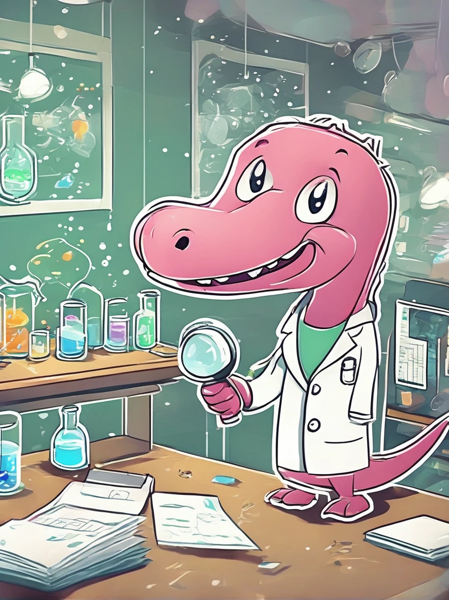 A pink dinosaur character，, Toothy Smile, Dressed as a researcher, They are in the lab, Microscopes and other equipment are all around., beakers, Charts and Graphs. Dinosaur in a lab coat, protect eyes, Holding a clipboard in hand, Papers scattered everywhere, Indicates busy work, The lab is filled with light from overhead fluorescent lamps., Illustrated in cartoon style