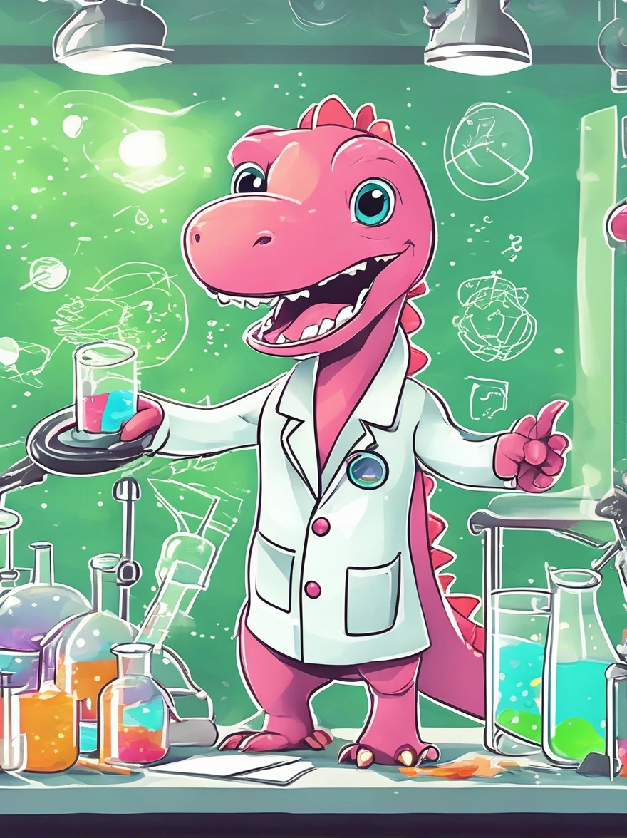 A pink dinosaur character,, Toothy Smile, Dressed as a researcher, They are in the lab, Microscopes and other equipment are all around., beakers, Charts and Graphs. Dinosaur in a lab coat, protect eyes, Holding a clipboard in hand, Papers scattered everywhere, Indicates busy work, The lab is filled with light from overhead fluorescent lamps., Illustrated in cartoon style