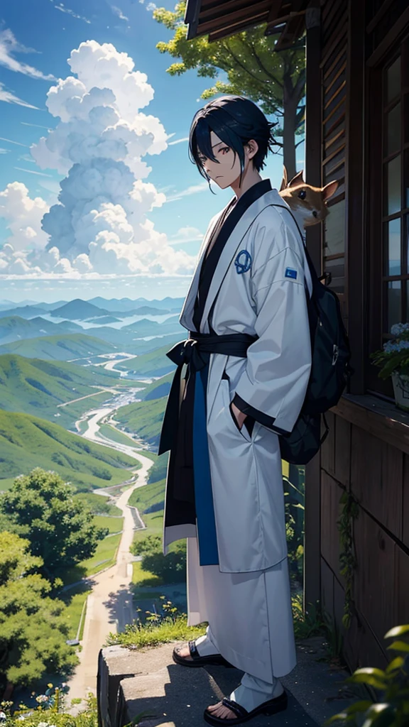 With a blue sky as a background、Mr.々Please draw a picture of a scene of an adventure.。In the center is、She has short black hair and green eyes、With Len, a boy dressed in casual adventure clothes、She has short blonde hair and blue eyes、Minato, a young man in a white robe、Standing on a white cloud。Behind Ren and Minato、彼らの冒険の軌跡を象徴するMr.々The scene is depicted。
1. **Chapter 1**:The scene where Ren receives a mission from the forest spirit。レンが精霊から巻物を受け取るMr.子。
2. **Episode 2**:Encounter with the flower spirits。A scene where Ren is talking to a beautiful flower spirit.。
3. **Chapter 3**:Bonding with animals。Ren is a squirrel and a rabbit、Scene with the birds。
4. **Psalm 4**:Seeking the Secrets of the Forest。The scene where Ren is searching for something deep in the forest。
5. **Psalm 5**:Trials and growth。Ren faces a challenge、A scene of a brave man standing up。
6. **Chapter 6**:Encounter with the Guardian of the Stars。The scene where Ren and Minato meet the Guardian of the Stars under the stars。
7. **Chapter 7**:Confronting the Guardian of the Skies。The scene where Ren and Minato are fighting the guardians in the air。
8. **Episode 8**:Meeting the Guardian of the Sun。A scene of Ren and Minato talking to the Guardian while bathed in sunlight.。
9. **Chapter 9**:Working with the Guardians of the Skies。A scene where Ren and Minato are trying to solve something with the Guardian of the Sky。
10. **Chapter 10**:Journey to the future。The scene where Ren and Minato set off on a new adventure。
Each scene is、A panoramic view spreads out behind Ren and Minato.、Tell the story of their adventure in one picture.。The blue sky and white clouds envelop the whole、Try to exude an atmosphere of hope and adventure.。