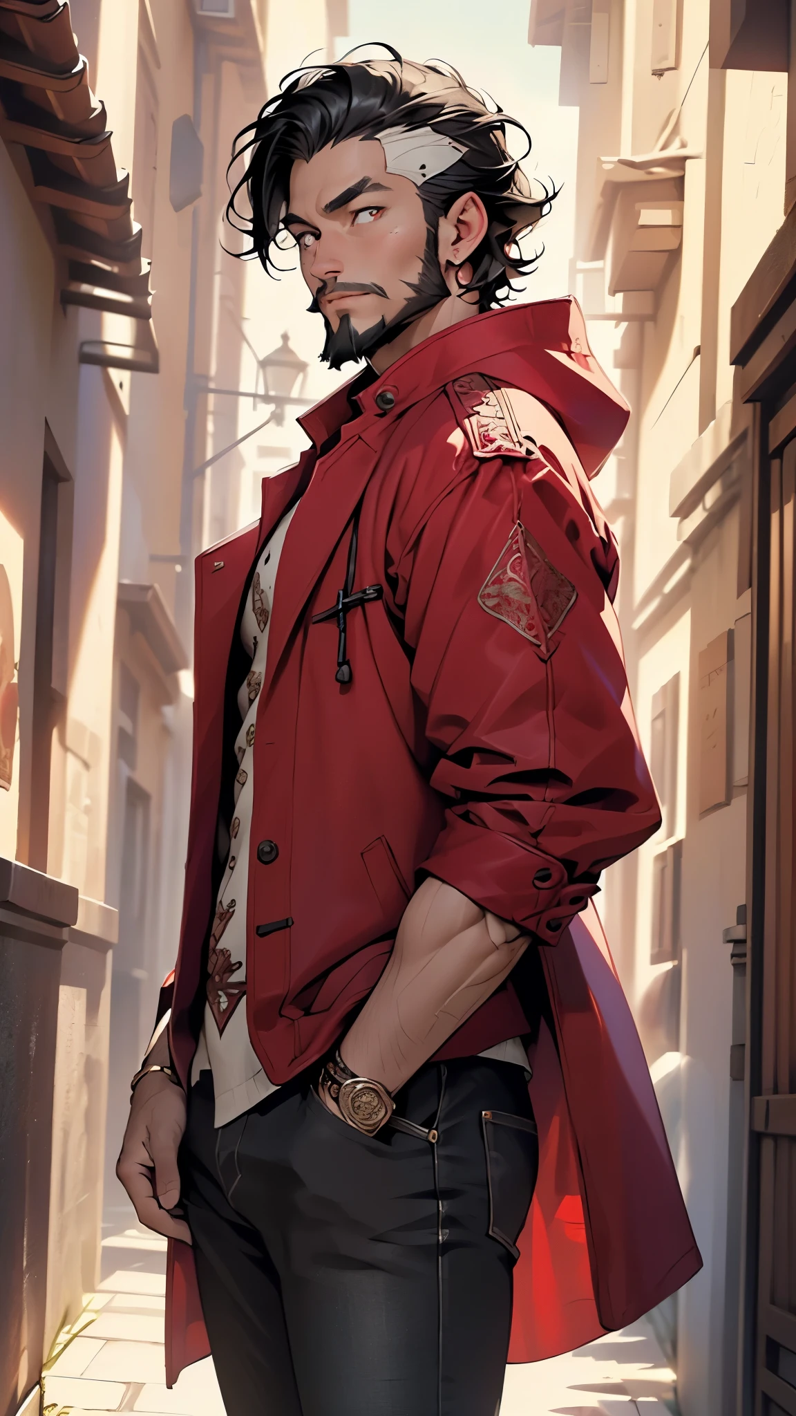 (man:1.5),1 man,male, muscle, 1boy, muscle, pectoral,  muscular, Mature man,45 year,1 man,macho man,an extremely detailed face,((black hair,intricate cut hair,black hair,nice hair style)),(((black very short beard, black very short beard))), (((red_eyes:1.3))),intricate eyes,beautiful detailed eyes,symmetrical eyes,thicc, ((detailed face)),macho man,

(male arab prince),prince,

(((lustrous skin:1.5,tanned skin,bright skin: 1.5,skin tanned,shiny skin,very shiny skin,shiny body))),powerful,heroic,nsfw,

(open coat, arabian fashion,arabian coat, jeans,white shirt,  masculine features, modern style,arabian clothes),(((dark red coat, dark red coat outfit, wearing a dark red coat:1.3,arabian dark bred coat))),(arabian jewelry,intricate necklace),((bulge in pants)),(((intricate outfit,intricate clothes,ornate outfit))),

(dynamic pose:1.0),looking at viewer,smug,(masculine attitude),(centered,scale to fit dimensions,Rule of thirds),

indoors,(huge columns of an Arab palace,arab palace,arab palace background),scenery,extremely scenery,arab style,

(Glossy winter ornaments),highres,sharp focus,(ultra detailed,extremely detailed),(photorealistic artwork:1.37),(extremely detailed CG unity 8k wallpaper),(((vibrant colors,vibrant theme))),(intricate),(masterpiece),(best quality),artistic photography,(photography taken by sldr),(intricate background),perfect rendered face,perfect face details,realistic face,photo realistic,((intricate detail)),(((realism))),
