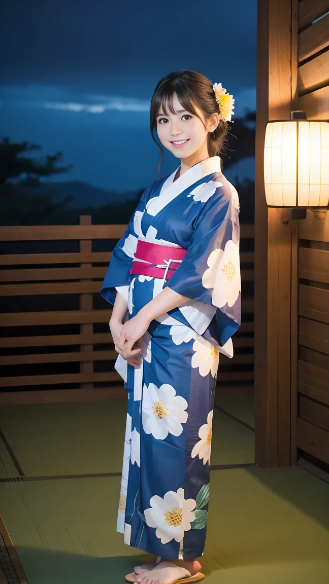 Beautiful yukata girl、 The background is a full body of a rural night Bon Odori dance、geta