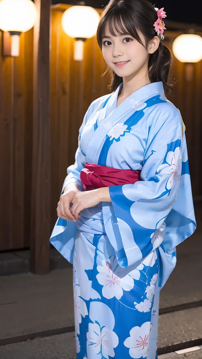 Beautiful yukata girl、 The background is a full body of a rural night Bon Odori dance、geta