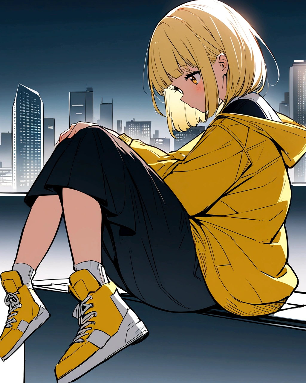 An anime-style illustration of a girl sitting on a ledge with an urban cityscape in the background. The girl has short, blonde hair with bangs and wears a yellow oversized jacket, a black skirt, and yellow high-top sneakers. The background consists of detailed, futuristic buildings drawn with clean, thin lines. The overall color palette is minimalist, focusing on yellow and light grey tones. The girl's expression is calm and reflective, and the scene has a modern, slightly futuristic vibe."