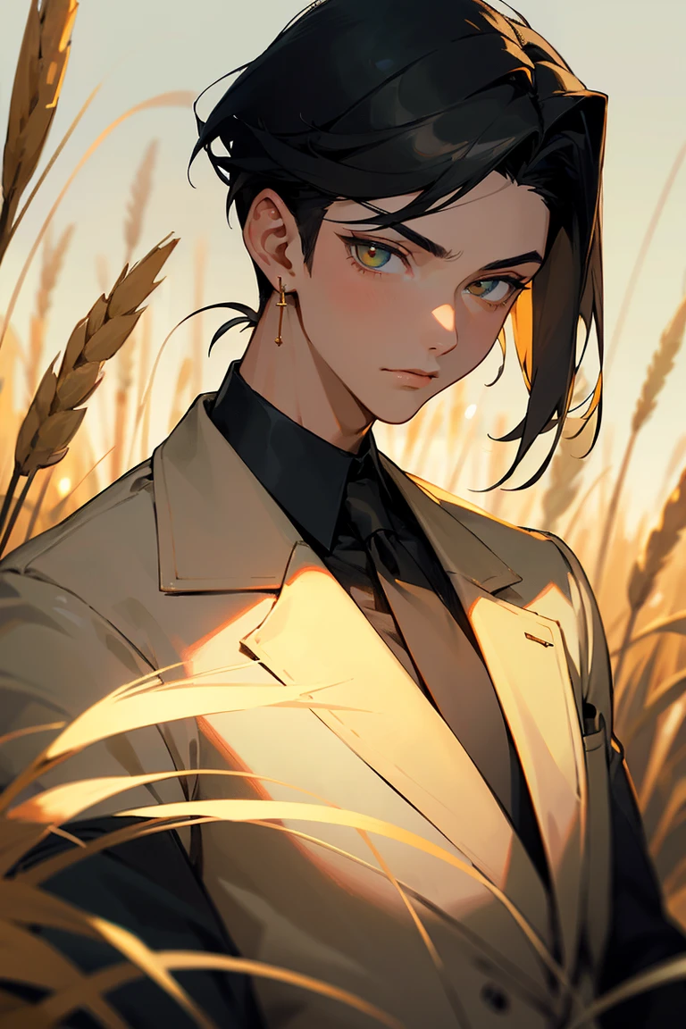 (masterpiece, best quality),1boy with black hair with chin length bangs, framing his beautiful face while the back of the hair is cut short in an undercut. His smooth skin is a light tan and his sharp eyes are a bright yellow. Lean and toned. An ethereal, androgynous face. Elegant features. Wears black gloves with golden cross. Wears gold cross earrings on both ears. Soft lighting, posed neutrally facing the camera in a field of wheat. Wearing a suit and tie.
