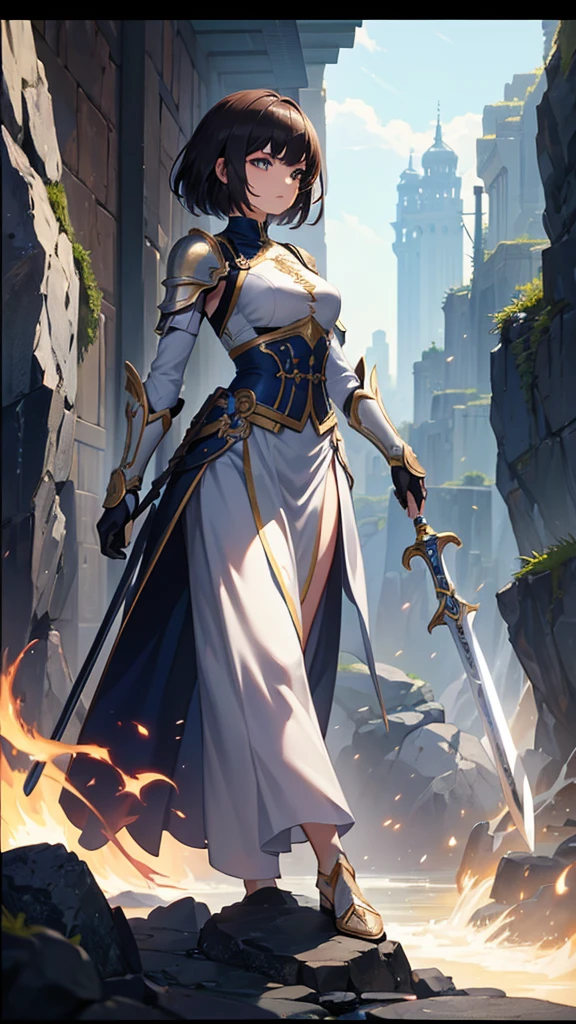 (masterpiece, 4K ,Super detailed:1.2), (anime:1), Dynamic posture, Strong women, Female Swordsman, short hair, armor, tall, Full body side view, View Viewer, Pure white background