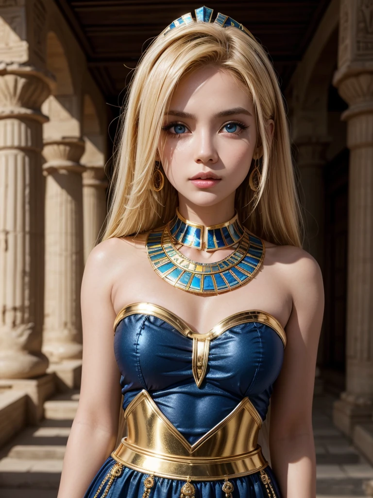 A woman with dark skin, bright blue eyes, and short, golden blonde hair that goes down to the neck, wears an Egyptian princess outfit with blue jewelry