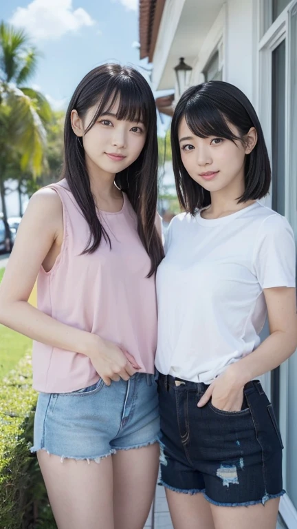 ((2 peopleの美女))、(((2 peopleの女の子))),((2 peopleで頬を寄せる)),((masterpiece)),((Highest quality)),((8K)),((Ultra high definition)),((high resolution)),((detailed)),((Perfect body)),((Perfect Face)),((2 peopleの美女))、((2 people))、21 years old、Standing side by side、Shiny Hair、Slanted Eyes、Glowing Skin、Very white skin、Glowing Skin、Jet Black Hair、Heavy makeup、Natural brown hair、ponytail、((腰に手を回して2 peopleでくっついている))、腰を曲げて2 peopleでこちらを覗き込む))、sunny、blue sky、smile、Smile with your mouth closed、A cute short-sleeved top in pastel purple、(Black shorts)、Big eyes、Looking up、blue sky、Tropical seaside、A good friend、Mouth closed、(((Girls Together)))、((Same height))