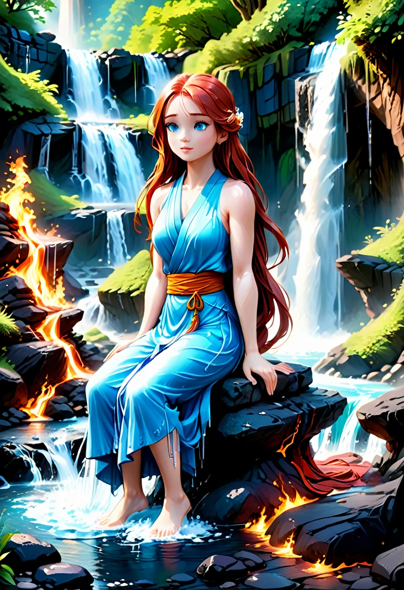 a picture of a female monk sitting and meditating near a waterfall, at the base of the waterfall,  there is a human woman monk wearing monk garbs, meditating near a bonfire near an (epic sized waterfall: 1.3), red hair, long hair, full body (best details, Masterpiece, best quality :1.5), ultra detailed face (best details, Masterpiece, best quality :1.5), ultra feminine (best details, Masterpiece, best quality :1.5), exquisite beautiful (best details, Masterpiece, best quality :1.5) red hair, long hair, wavy hair, pale skin, blue eyes, intense eyes, water coming down from a volcanic cliff, multi level water falls, several pools created in different levels, forming new waterfalls, water cascading into a (large lava pool: 1.3) steam rising, clear water in many hues of blue and azure, fantasy art, photorealistic, D&D art, ultra best realistic, best details, best quality, 16k, [ultra detailed], masterpiece, best quality, (extremely detailed), ultra wide shot, photorealism, depth of field, hyper realistic painting, faize, perfecteyes