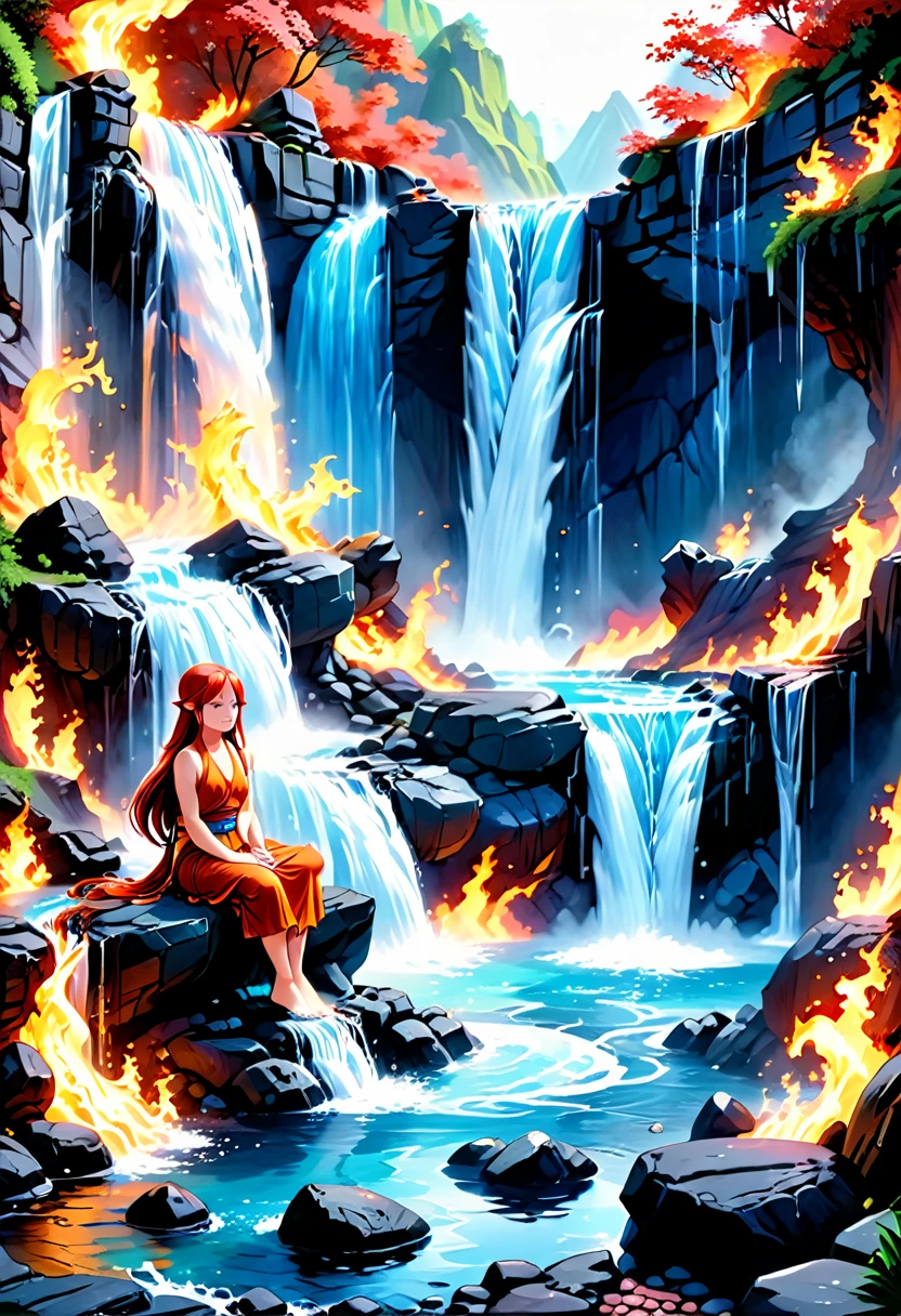 a picture of a female monk sitting and meditating near a waterfall, at the base of the waterfall,  there is a human woman monk wearing monk garbs, meditating near a bonfire near an (epic sized waterfall: 1.3), red hair, long hair, full body (best details, Masterpiece, best quality :1.5), ultra detailed face (best details, Masterpiece, best quality :1.5), ultra feminine (best details, Masterpiece, best quality :1.5), exquisite beautiful (best details, Masterpiece, best quality :1.5) red hair, long hair, wavy hair, pale skin, blue eyes, intense eyes, water coming down from a volcanic cliff, multi level water falls, several pools created in different levels, forming new waterfalls, water cascading into a (large lava pool: 1.3) steam rising, clear water in many hues of blue and azure, fantasy art, photorealistic, D&D art, ultra best realistic, best details, best quality, 16k, [ultra detailed], masterpiece, best quality, (extremely detailed), ultra wide shot, photorealism, depth of field, hyper realistic painting, faize, perfecteyes