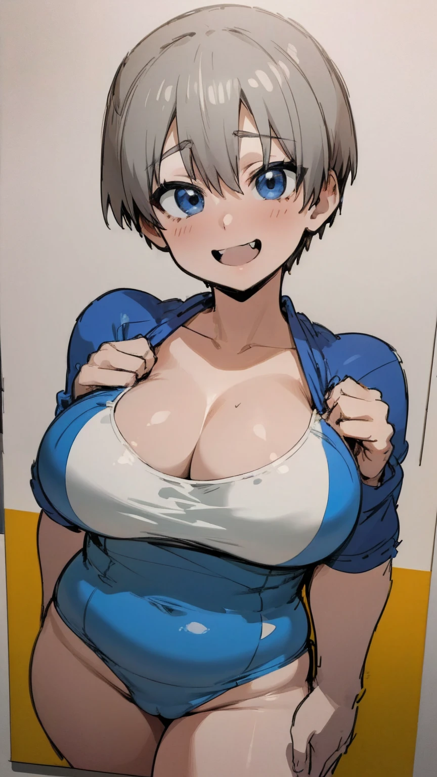 masterpiece, best quality, ultra-detailed, Potrait of beautiful , (chubby) (muscular), (plump), (sexly), (cleavage), ((tomboy)), (アニメ), (Breasts), (Plump), ((very short hair)), ((Uzaki Hana)), (overweight), (Gray Hair), ((Saggy breasts)), (blue eyes), (Short Hair), (blue eyes), ((thick)), (swimsuits), (naughty smile), (Canine teeth are slightly visible)