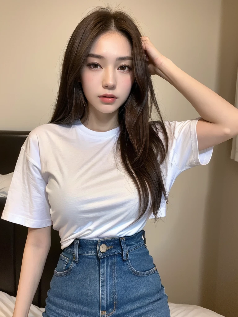 ((Best quality, 8k, Masterpiece :1.3)), Whole body, Long legs, Sharp focus :1.2, A pretty woman with perfect figure :1.4, Slender abs :1.1, ((Dark brown hair, Big breasts :1.2)), (White little tight tshirt, Jean short, Standing:1.2), ((bed room view)), Highly detailed face and skin texture, Detailed eyes, Double eyelid
