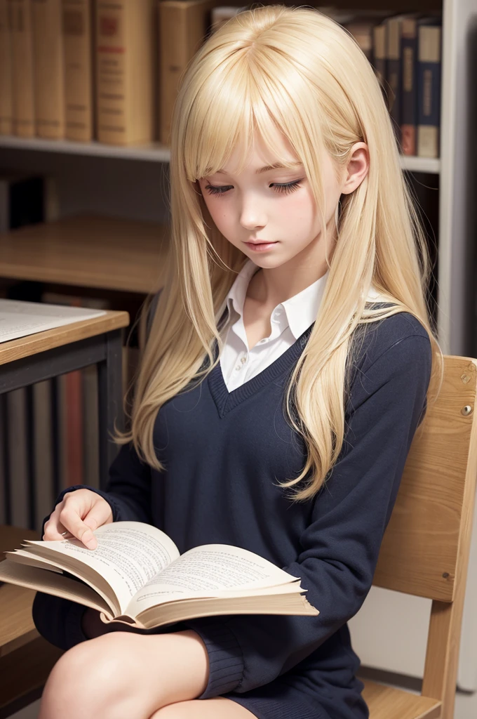 Drawing of a girl with blonde hair at school with two hands reading a book