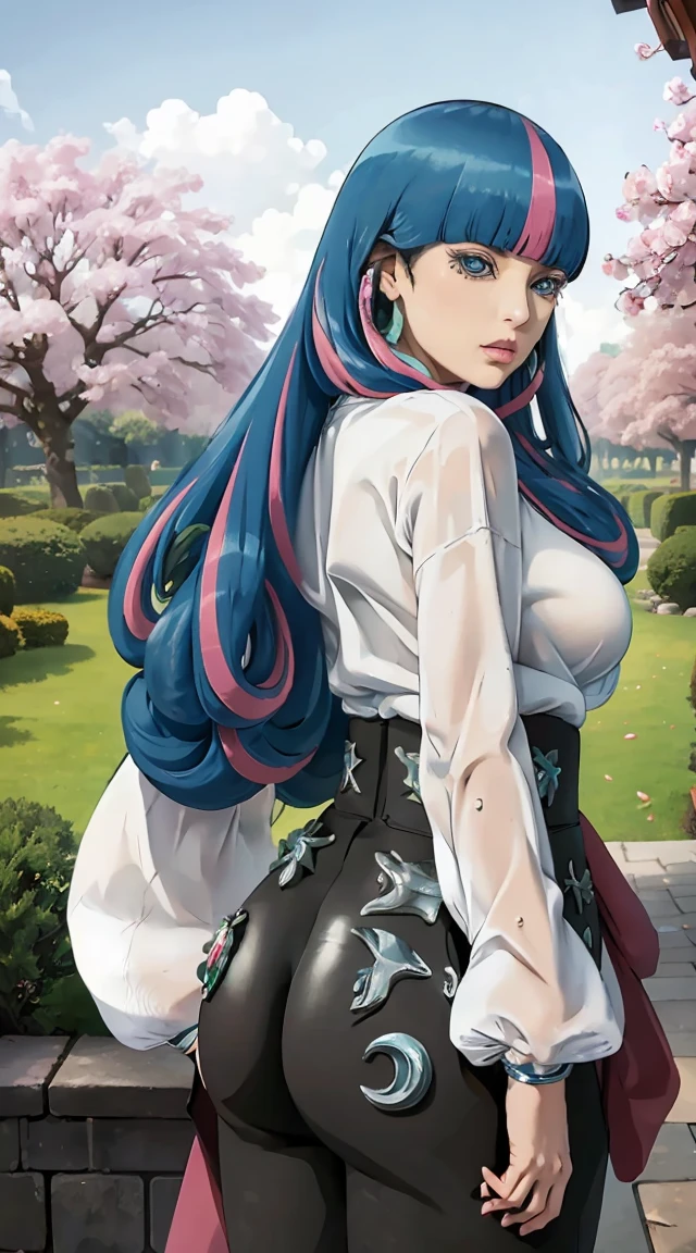 eida, long hair, bangs, blue eyes, very long hair, blue hair, pink hair, multicolored hair, earrings, blunt bangs, two-tone hair, streaked hair, beautiful, beautiful woman, perfect body, perfect breasts, wearing a kimono, showing shoulders, wearing earrings, wearing a watch, being in the garden, cherry trees, traditional Japanese house, looking at the viewer, a slight smile, realism, masterpiece, textured leather, super detailed, high detail, high quality, best quality, 1080p, 16k, showing shoulder, (((perfectly erected medium breast))), bending over and showing her ass, from behind