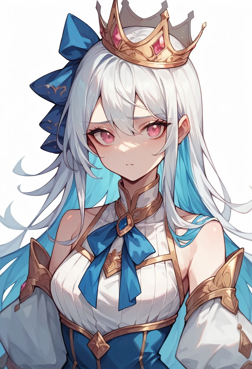 Long Hair Girl,Pure white hair,Blue inner hair, Golden Crown,Deep pink eyes,Clothes like silk,Blue and white outfit,Light blue ribbon around the neck