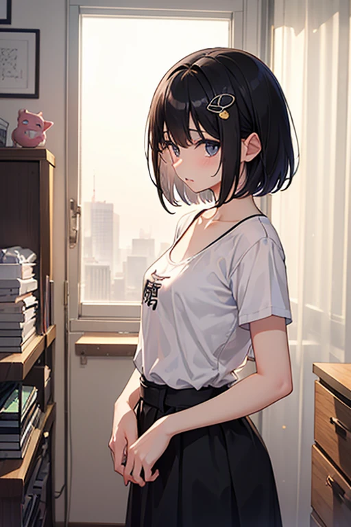 Black Hair、Iris、Short Hair、Girl、cute、、The clothes are kindergarten smog、Embarrassed、Embarrassed、、Small breasts、Small hair ornament、The background is my room