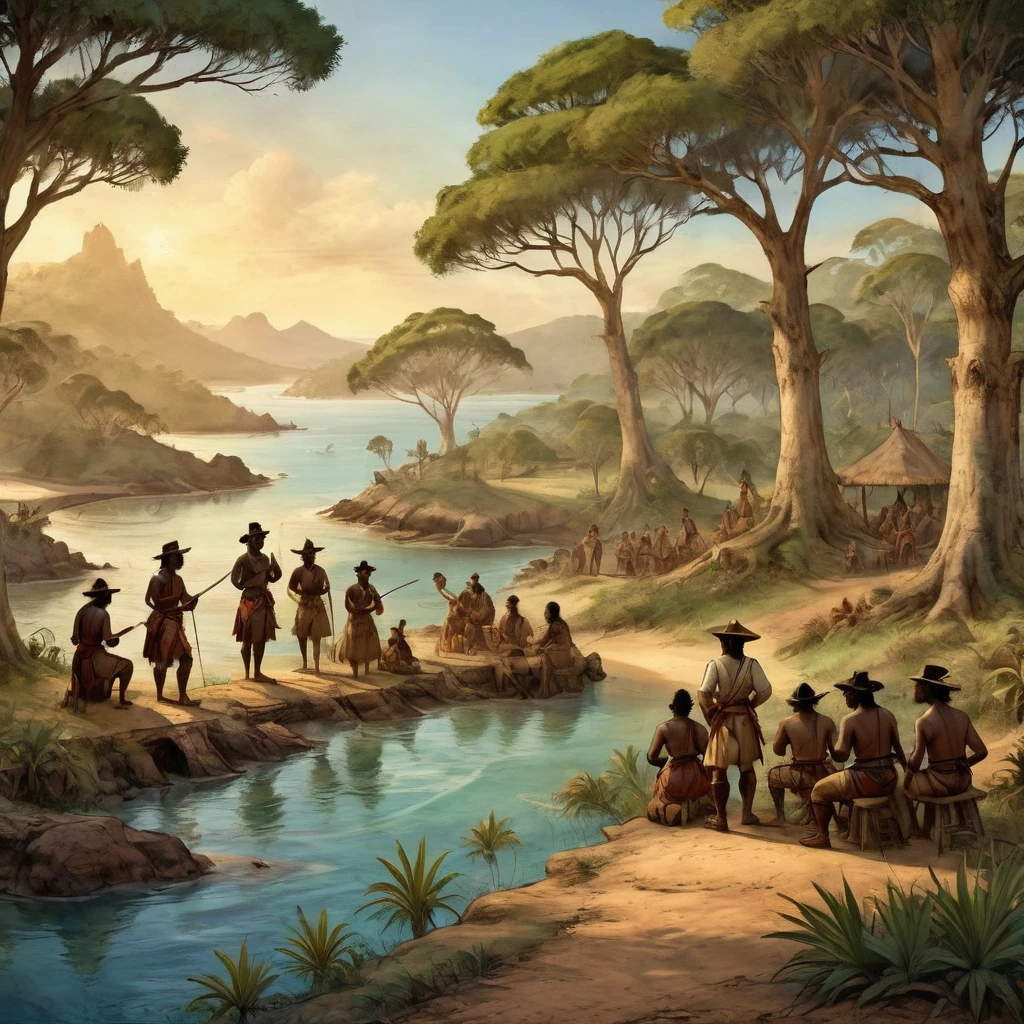 Australia in 1788 during the first colonization meeting, with indigenous Australians interacting with British settlers. Capture the scene with maximum quality and realistic style, highlighting coastlines and bays in a highly detailed landscape. Lighting should be soft and natural, reflecting the dawn sun on the water. Use 4K resolution to ensure sharpness, with a beautiful bokeh effect that subtly blurs the background to focus attention on the characters and details in the foreground. Add detailed textures to vegetation and water, as well as authentic facial expressions and clothing for both groups, creating an immersive and authentic atmosphere of this historical moment.