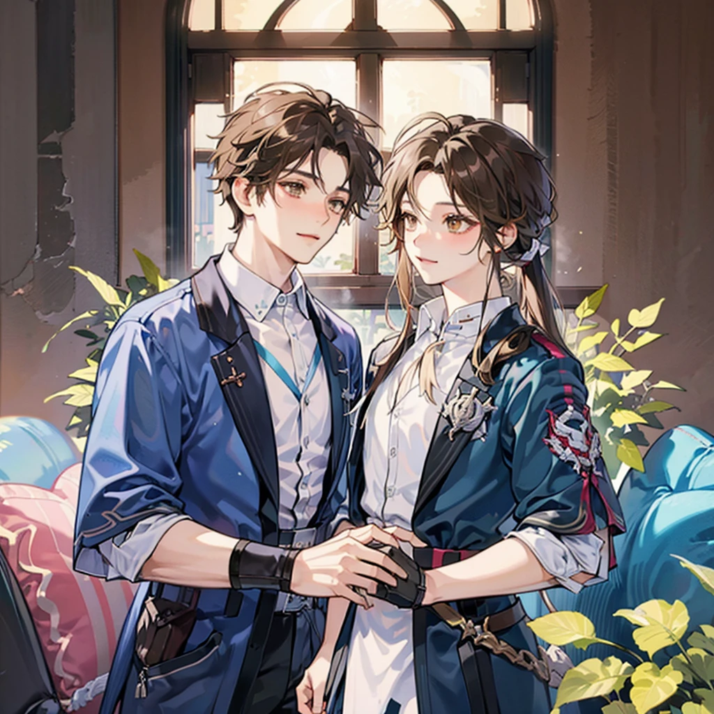 Two friends, two guy, looking away, one black hair, one brown hair, anime style, chromatic aberration, god rays, UHD, curate, high details, best quality, high quality, super detail, marketplace,