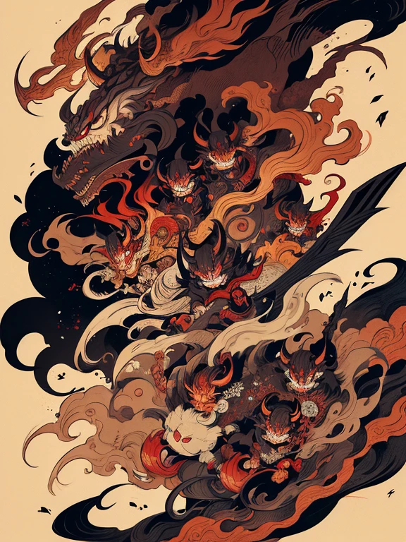 pandemonium, group of yokai, group of oni, demon, oni, tengu, The picture is painted in the style of a Japanese ink painting, (Side angle)
