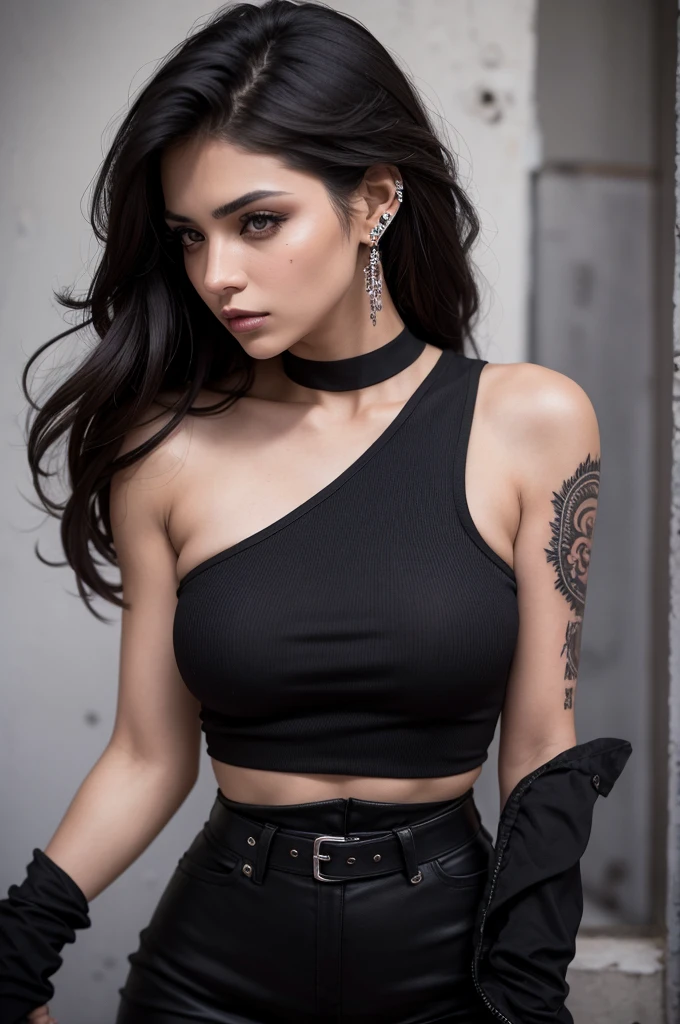 Brunette Mexican woman. wearing black clothes. tattoos on arms and neck. wear earrings. Has scratches on the eyebrow.