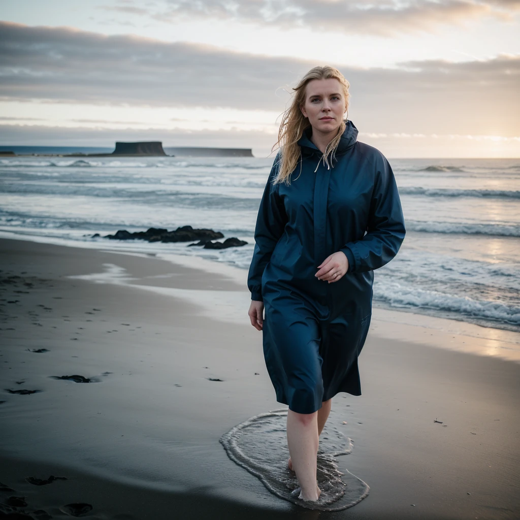 A beautiful cinematic picture of a typical icelandic 25 year old woman walking on the beach, high quality, 1 woman solo, attractive face, high resolution, saggy and wet