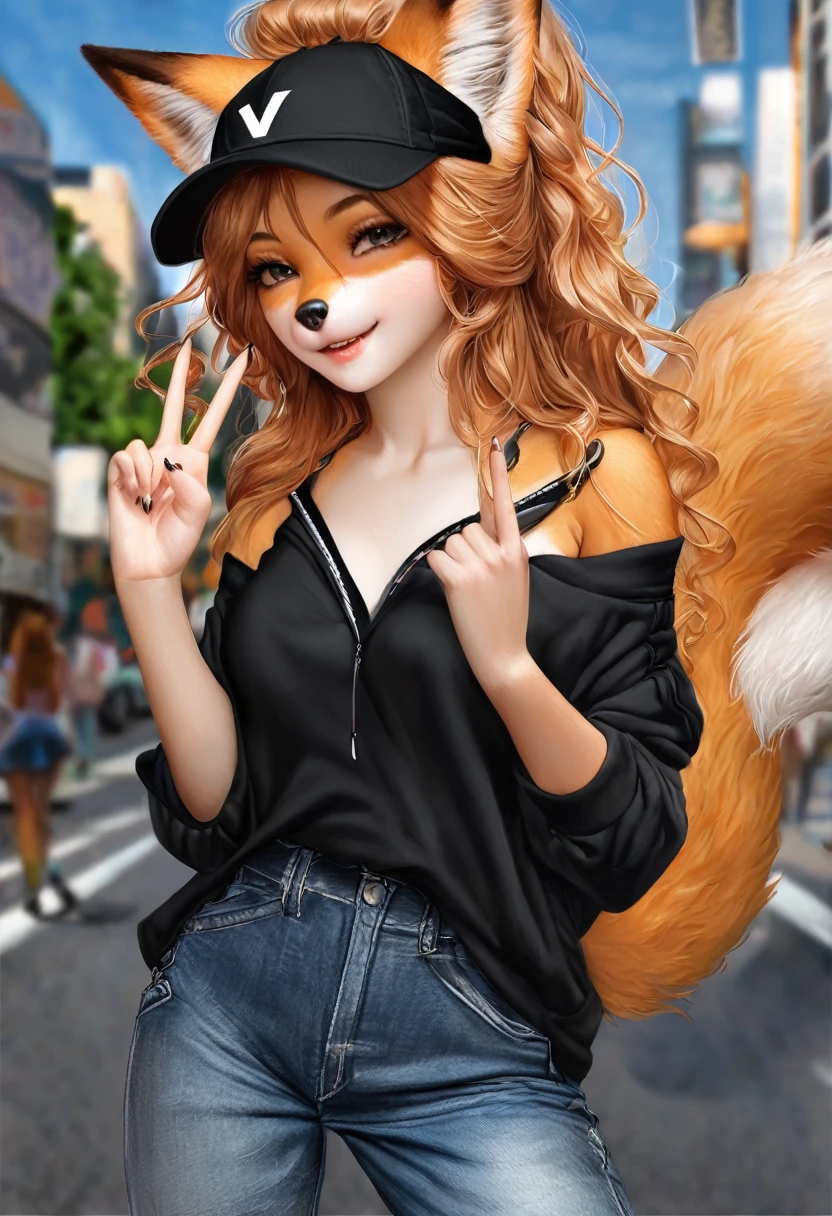 Furry fox girl on the street of the city, very fashionable, stylishly dressed, street style clothes, wide jeans, hoodie, baseball cap, sneakers, shows the viewer the V gesture, winks, long wavy orange locks of hair, high detail, filigree, high definition, texture smoothing, realistic brush strokes, looks like a realistic photo, Furry fox girl is shown in detail, Ultra-realistic rendering of details, Stunningly realistic graphics, Very detailed photo, cleavage