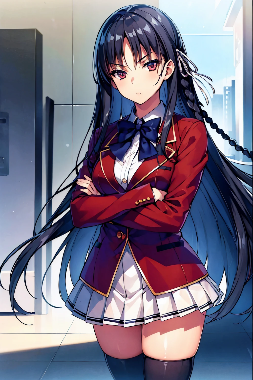 (masterpiece, best quality:1.4), (ultra detailed:1.4), (detailed beautiful face and eyes:1.5), perfect anatomy, (official art:0.8), anime keyvisual,
1girl,
Suzune Horikita,
Suzune Horikita \(youjitsu\),
long hair, braid,
black hair,
red eyes, slant eyes, small eyes,
blue bow,
medium breasts,
red jacket, long sleeves, white skirt, pleated skirt, black thigh-high socks,
BREAK looking at viewer, standing, crossed arms
cowboy shot,
perfect light, background of outdoors, city,