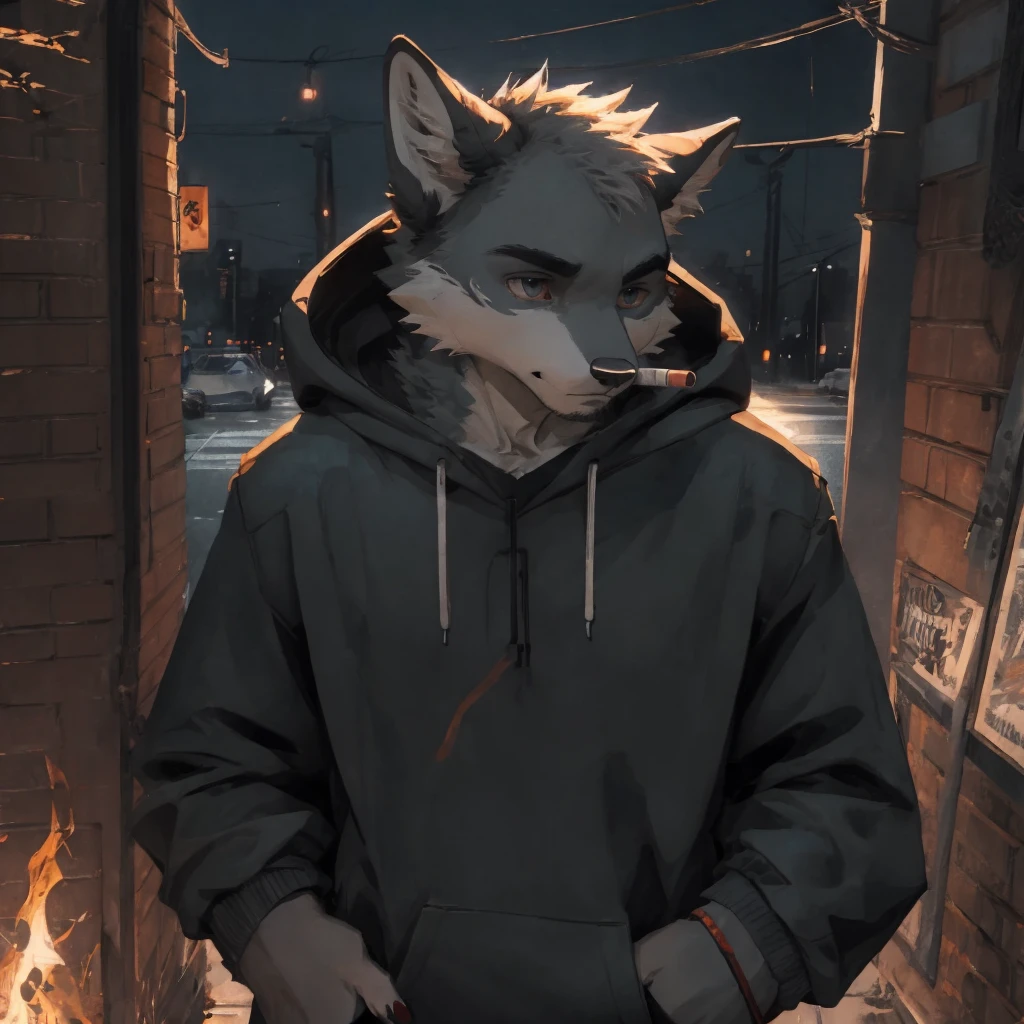 Male, males, fox, arctic fox, white fur, short hair, 20 years old, hoodie, smokes,Smoking cigarettes, cigarettes, night, city streets, rain, water drops, dramatic effect, dramatic light, shadow, shade, higlight, high quality, high details, High detailed image, high quality image, Very detailed shadows, high detail shadows, high details