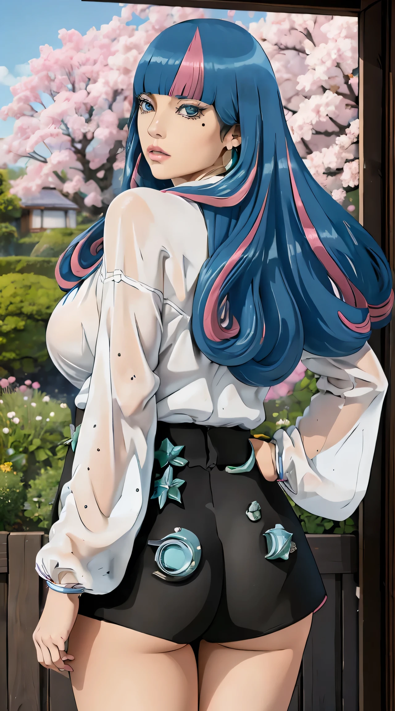 eida, long hair, bangs, blue eyes, very long hair, blue hair, pink hair, multicolored hair, earrings, blunt bangs, two-tone hair, streaked hair, beautiful, beautiful woman, perfect body, perfect breasts, wearing a kimono, showing shoulders, wearing earrings, wearing a watch, being in the garden, cherry trees, traditional Japanese house, looking at the viewer, a slight smile, realism, masterpiece, textured leather, super detailed, high detail, high quality, best quality, 1080p, 16k, showing shoulder, (((perfectly erected medium breast))), bending over and showing her ass, from behind