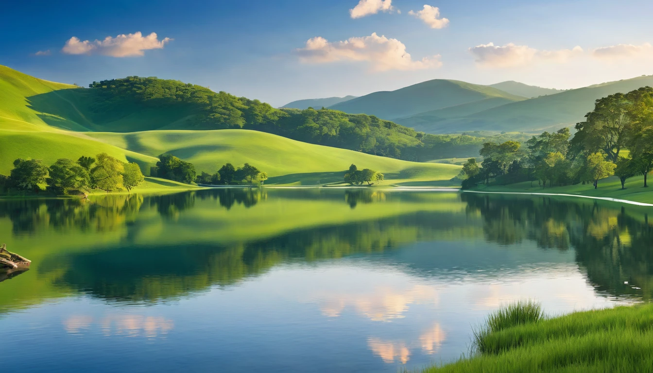 Explore a serene landscape of rolling hills and tranquil lakes, perfect for meditation and relaxation.