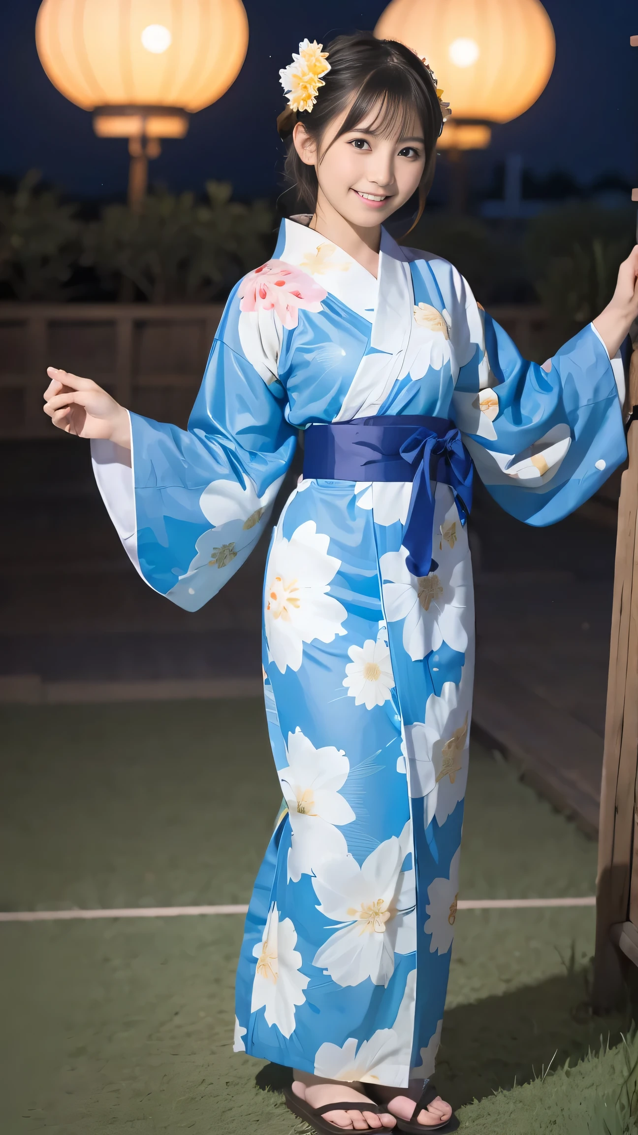 Beautiful yukata girl、 The background is a full body of a rural night Bon Odori dance、geta