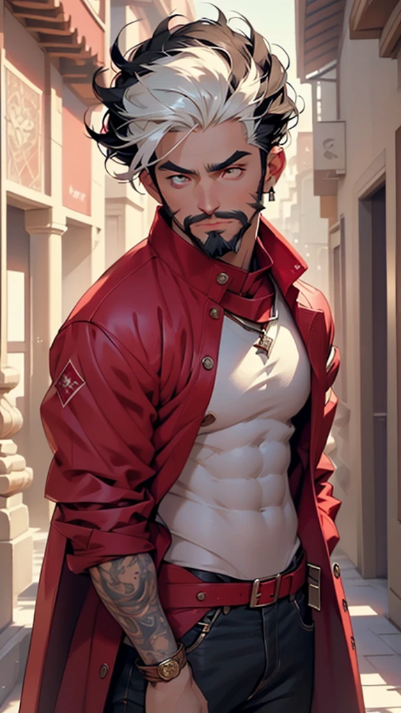 (man:1.5),1 man,male, muscle, 1boy, muscle, pectoral, muscular, Mature man,45 year,1 man,macho man,an extremely detailed face,((black hair,intricate cut hair,black hair,nice hair style)),(((black very short beard, black very short beard))), (((red_eyes:1.3))),intricate eyes,beautiful detailed eyes,symmetrical eyes,thicc, ((detailed face)),macho man,
(male arab prince),prince,
(((lustrous skin:1.5,tanned skin,bright skin: 1.5,skin tanned,shiny skin,very shiny skin,shiny body))),powerful,heroic,nsfw,
(open coat, arabian fashion,arabian coat, jeans,white shirt, masculine features, modern style,arabian clothes),(((dark red coat, dark red coat outfit, wearing a dark red coat:1.3,arabian dark bred coat))),(arabian jewelry,intricate necklace),((bulge in pants)),(((intricate outfit,intricate clothes,ornate outfit))),
(dynamic pose:1.0),looking at viewer,smug,(masculine attitude),(centered,scale to fit dimensions,Rule of thirds),
indoors,(huge columns of an Arab palace,arab palace,arab palace background),scenery,extremely scenery,arab style,
(Glossy winter ornaments),highres,sharp focus,(ultra detailed,extremely detailed),(photorealistic artwork:1.37),(extremely detailed CG unity 8k wallpaper),(((vibrant colors,vibrant theme))),(intricate),(masterpiece),(best quality),artistic photography,(photography taken by sldr),(intricate background),perfect rendered face,perfect face details,realistic face,photo realistic,((intricate detail)),(((realism))),