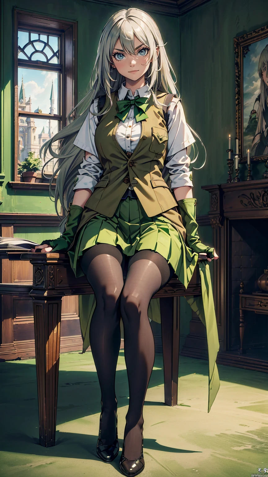 最high quality、Ultra High Definition, Ultra High Quality, Hyper Definition, Hyper Quality, Hyper Detailed, Extremely Detailed, Perfectly Detailed, Best image quality、masterpiece、woman((20-year-old、super dynamic pose , Sitting, legs bent at the knees, Green solid eyes, Silver long Hair、Disheveled Hair、Long White Hair、thin,Fingerless Glove、Green Skirt, Tights, Smirk、Brown School Vest , White School Shirt, Dressed in school)),high quality、Beautiful art、background((Inside the mansion))、Written boundary depth、 movie、Visual Arts、Perfect art、8K,Genuine、