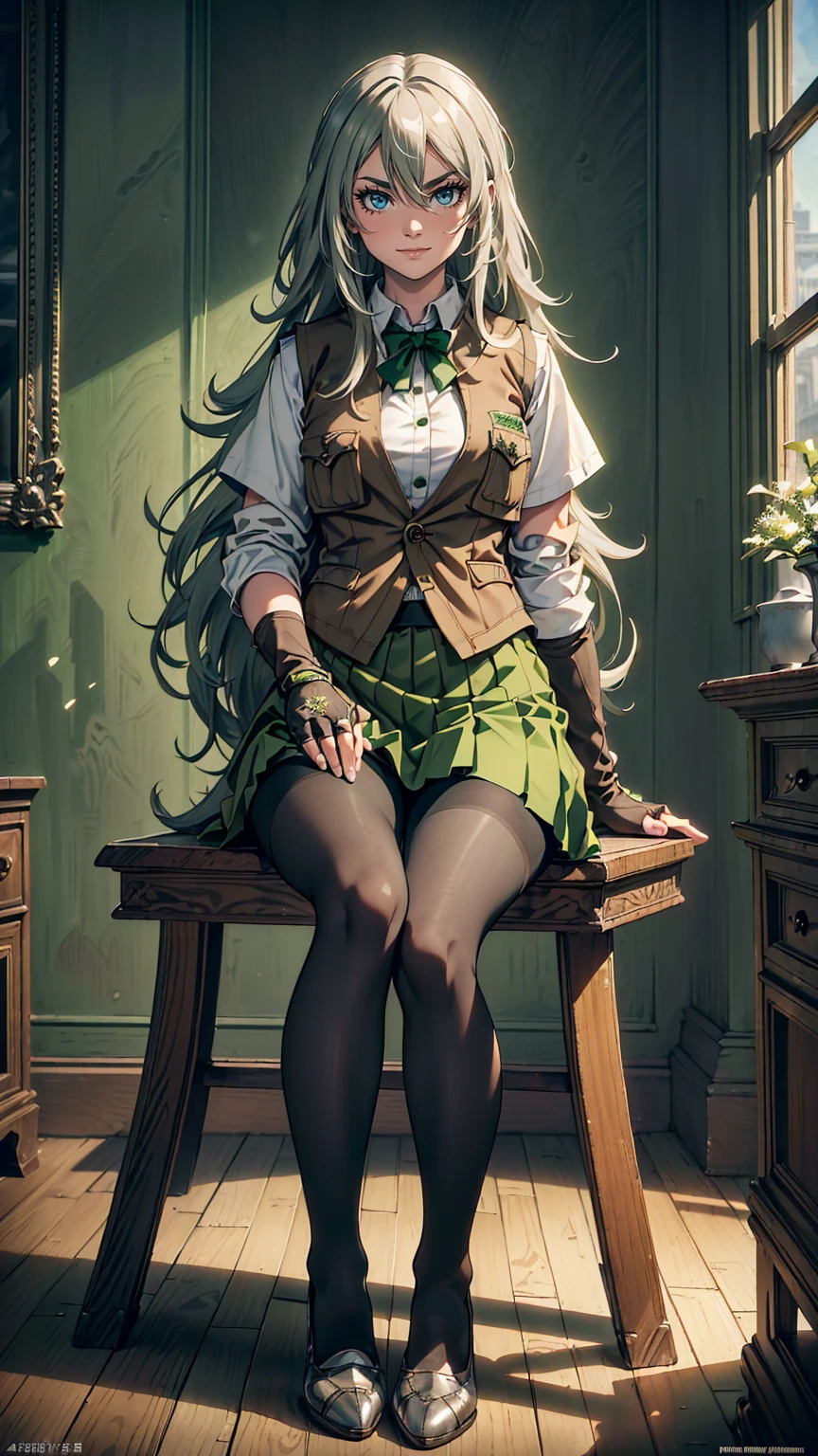 最high quality、Ultra High Definition, Ultra High Quality, Hyper Definition, Hyper Quality, Hyper Detailed, Extremely Detailed, Perfectly Detailed, Best image quality、masterpiece、woman((20-year-old、super dynamic pose , Sitting, legs bent at the knees, Green solid eyes, Silver long Hair、Disheveled Hair、Long White Hair、thin,Fingerless Glove、Green Skirt, Tights, Smirk、Brown School Vest , White School Shirt, Dressed in school)),high quality、Beautiful art、background((Inside the mansion))、Written boundary depth、 movie、Visual Arts、Perfect art、8K,Genuine、