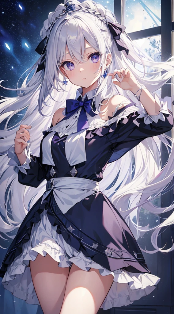 long silver-white hair and waist，stray hair curtain，two hair curtains，Dark purple eyes，high light，Dear students，a fancy turn，Like dancing，Dark blue sailor uniform off-shoulder dress，White bloomers show some.，light blue bow tie，crystal hairpin，Under the starry night sky，，chiquita，medium build，