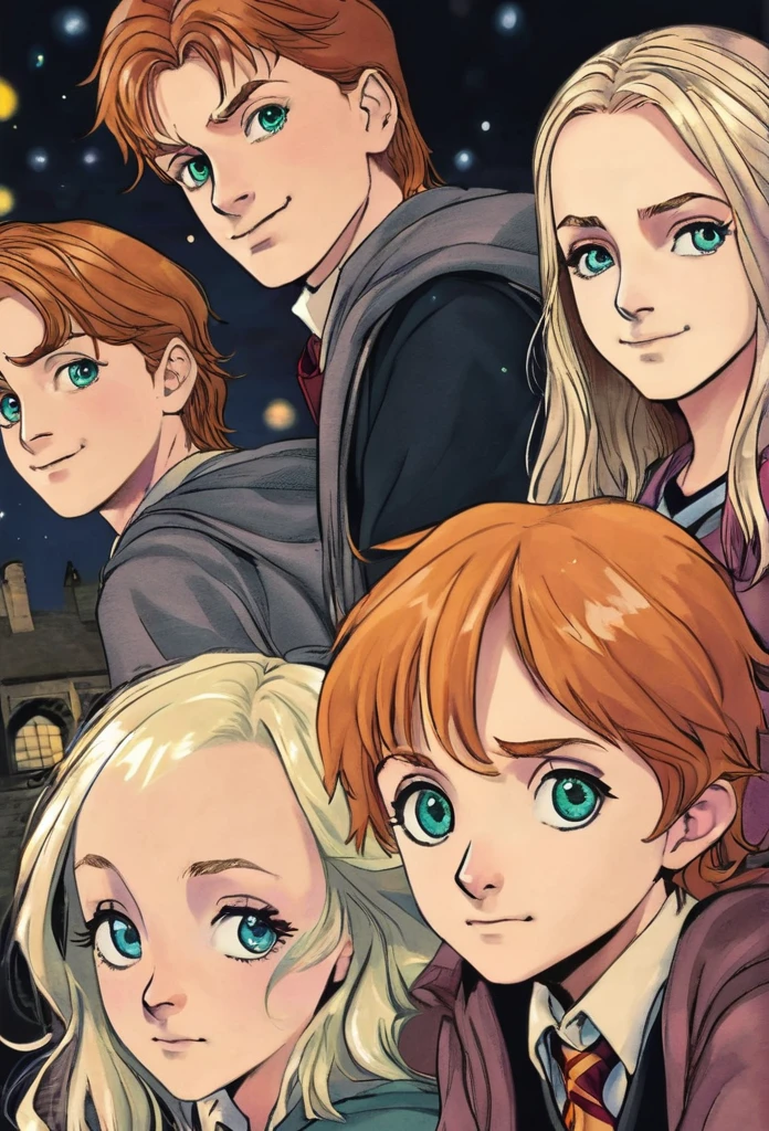 dessin de couverture Harry Potter, in foreground Harry Potter black hair and green eyes, Ron Weasley, redhead with brown eyes, and Hermione Granger, brunette, brown eyes, in the background Draco Malfoy, platinum blonde, gray eyes, Ginny Weasley rousse yeux marrons, Fred et Georges Weasley roux yeux, In the last shot Luna lovegood blue eyes and dark blond hair and Neuville Londuba Blond blue eyes