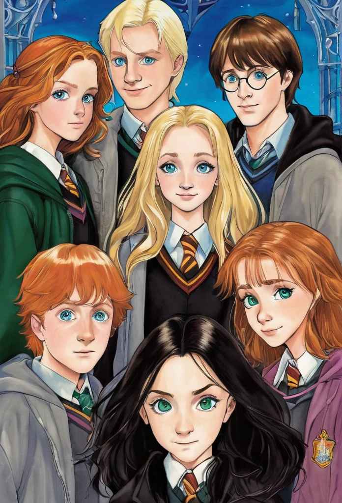 dessin de couverture Harry Potter, in foreground Harry Potter black hair and green eyes, Ron Weasley, redhead with brown eyes, and Hermione Granger, brunette, brown eyes, in the background Draco Malfoy, platinum blonde, gray eyes, Ginny Weasley rousse yeux marrons, Fred et Georges Weasley roux yeux, In the last shot Luna lovegood blue eyes and dark blond hair and Neuville Londuba Blond blue eyes