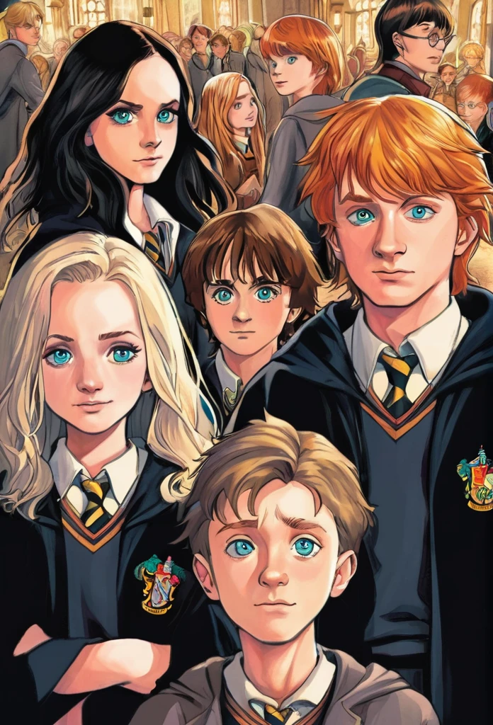 dessin de couverture Harry Potter, in foreground Harry Potter black hair and green eyes, Ron Weasley, redhead with brown eyes, and Hermione Granger, brunette, brown eyes, in the background Draco Malfoy, platinum blonde, gray eyes, Ginny Weasley rousse yeux marrons, Fred et Georges Weasley roux yeux, In the last shot Luna lovegood blue eyes and dark blond hair and Neuville Londuba Blond blue eyes 