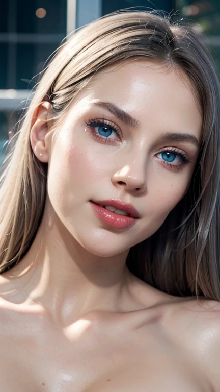 naked girl, perfect body, vagina without fleece, highly detailed and perfect face, mouth painted dark red, black painted eyes, light blue eyes with sparkles of light, white skin and soft texture, platinum ruby color, flirtatious smile to camera, beautiful and perfectly realistic teeth. Full body shot: 1.3